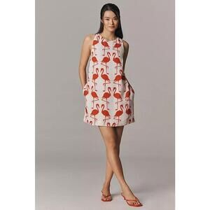 Maeve Linen Flamingo Printed Shift Mini Dress Sleeveless Size XL White Red